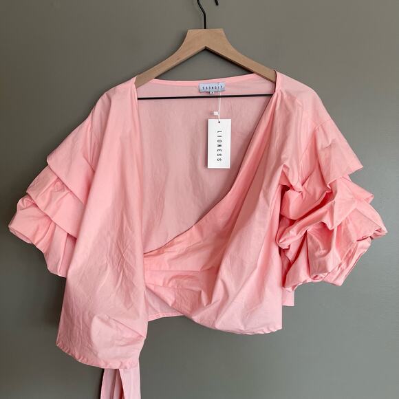 NWT LIONESS Esmerelda Wrap Top in Blush Size Small Pink Puff Sleeve Ruffles Sexy - Picture 7 of 16